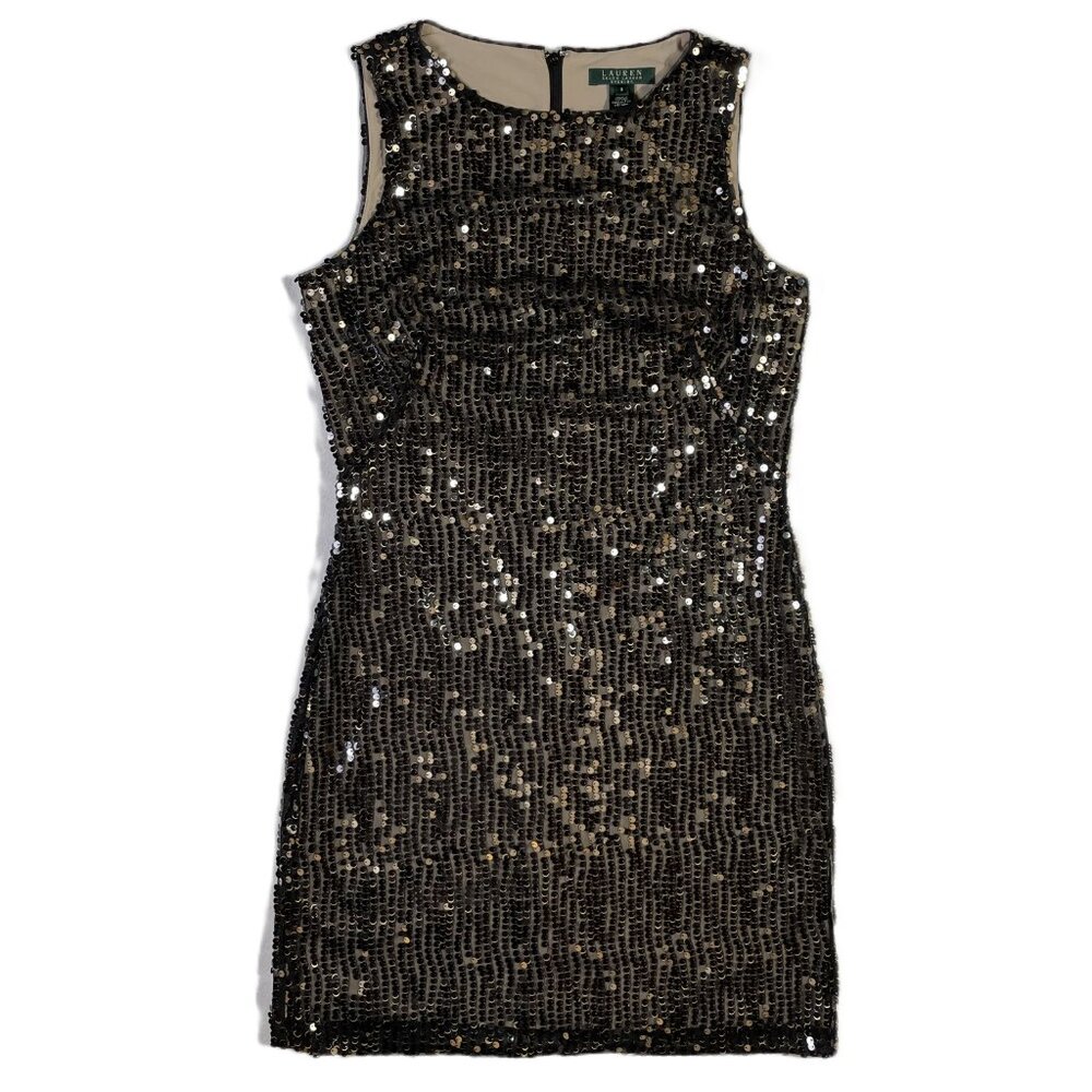 Lauren Ralph Sequins Evening Cocktail Dress Sleeveless Black Tan Gold Size 8 - Picture 5 of 16